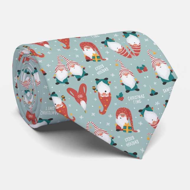 Christmas Gnomes Red Striped Hats Neck Tie (Rolled)