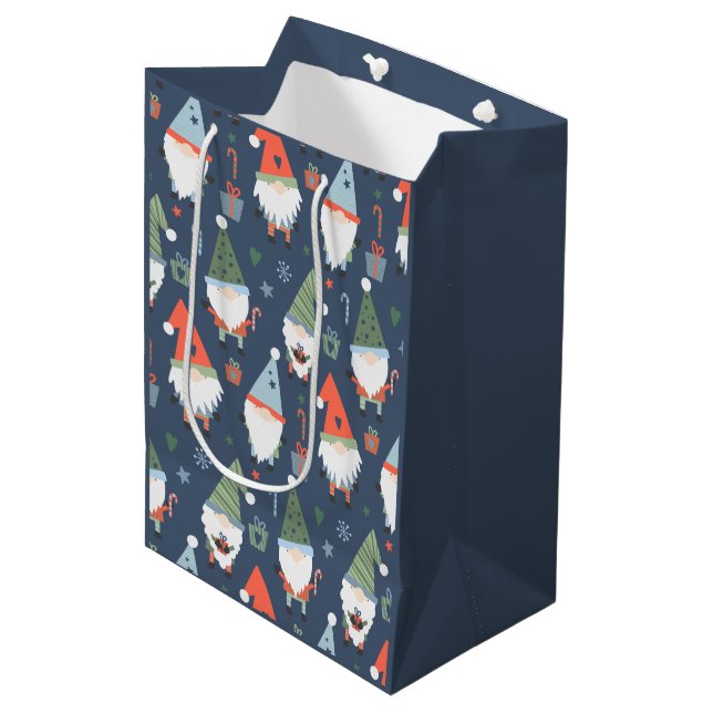 Christmas Gnomes Santa Claus Blue Green Whimsical Medium Gift Bag (Front Angled)