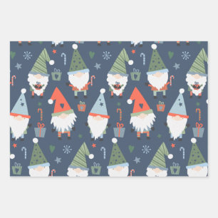 Christmas Gnomes Santa Claus Blue Green Whimsical  Wrapping Paper Sheets