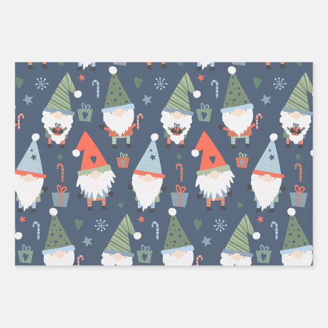 Christmas Gnomes Santa Claus Blue Green Whimsical  Wrapping Paper Sheets (Front)