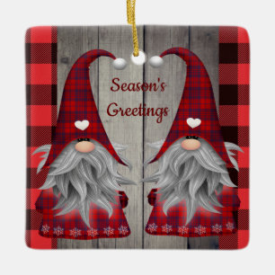Christmas Gnomes Season's Greetings Red Plaid Ceramic Ornament