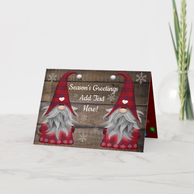 Christmas Gnomes Season's Greetings Rustic Wood Ca Card (Front)