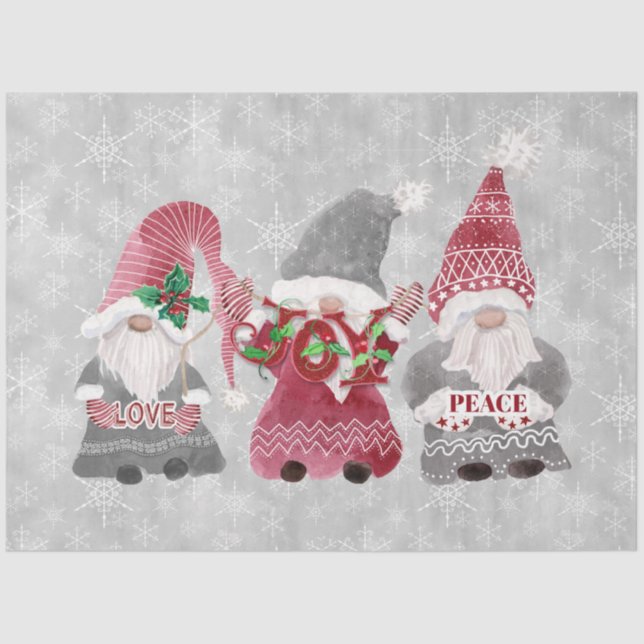 Christmas Gnomes Snowflakes Gray Red Decoupage Art Tissue Paper (Front)