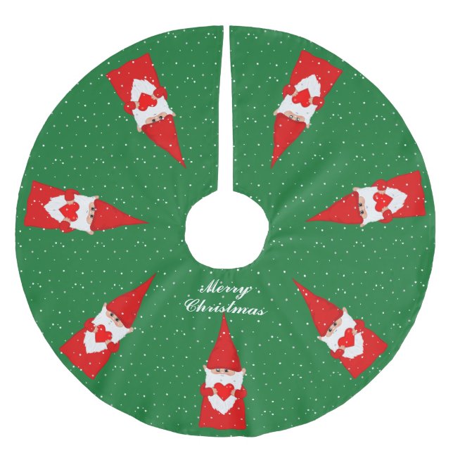 Christmas Gnomes & Snowflakes on Green Brushed Polyester Tree Skirt (Front)