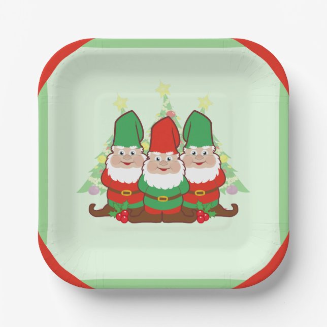 Christmas Gnomes Square Paper Plates (Front)