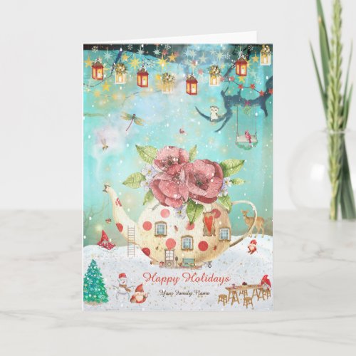 Christmas Gnomes Teapot House in Magical Forest Holiday Card