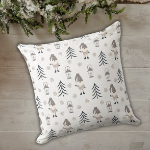 Christmas Gnomes Trees Lanterns and Snowflakes Throw Pillow