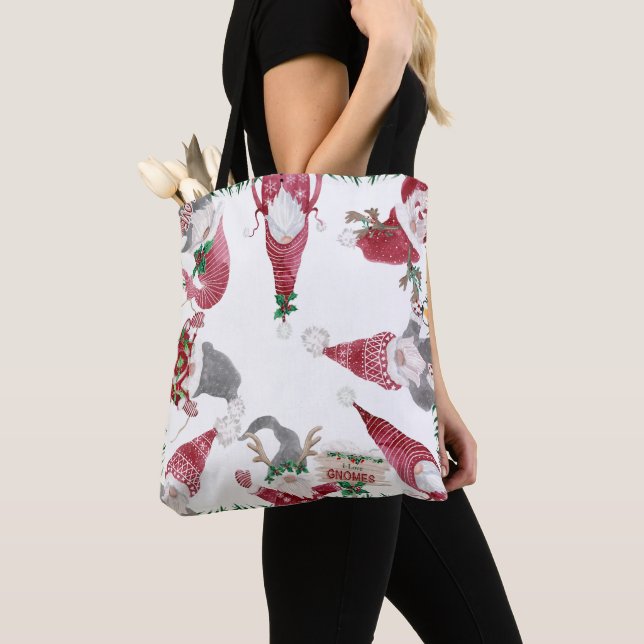 Christmas Gnomes Watercolor Whimsical Scandinavian Tote Bag (Close Up)