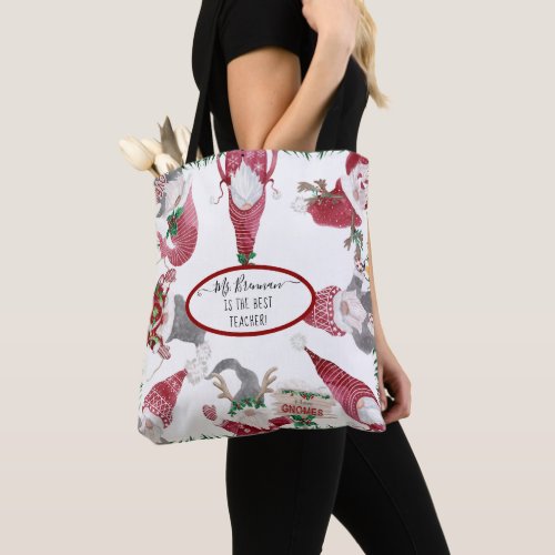 Christmas Gnomes Whimsical Best Teacher Name Tote Bag