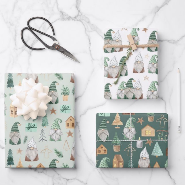Christmas Gnomes White Green Gold Trendy Whimsical Wrapping Paper Sheets (Front)