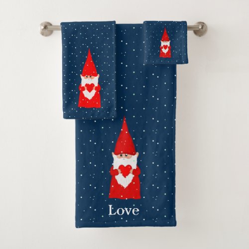 Christmas Gnomes with Heart on Blue Bath Towel Set