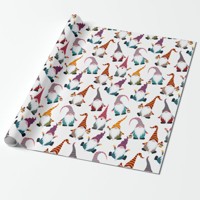 Christmas Gnomes with Lantern Watercolor Holiday Wrapping Paper (Unrolled)