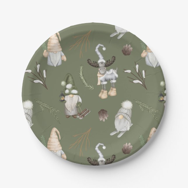 Christmas Gnomes Woodland Paper Plates (Front)