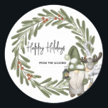 Christmas Gnomes Woodland Personalized  Classic Round Sticker<br><div class="desc">This cute woodland gnome and reindeer sticker is the perfect finishing touch for your packages or Christmas favors. Personalize the wording to fit your needs. The design features a woodland gnome with reindeer on a festive holiday greenery wreath.</div>