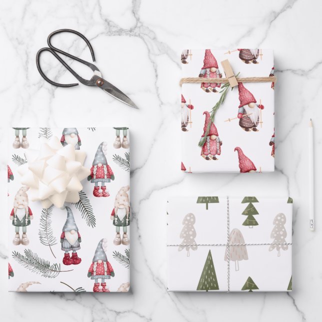 Christmas Gnomes Woodland Pine Wrapping Paper Sheets (Front)