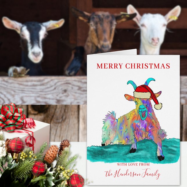 Christmas goat funny Santa personalized  Cards (Funny Christmas screaming goat wearing a santa hat custom holiday greetings folded card colorful )