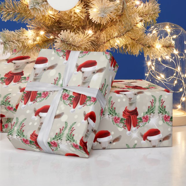 Christmas Goat Kid 2 in Santa Hat and Scarf  Gold Wrapping Paper (Holidays)