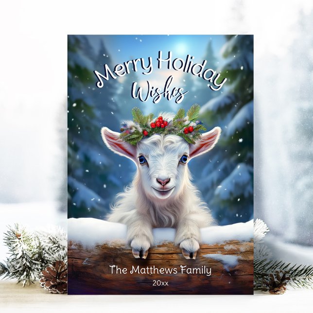 Christmas Goat Winter Wonderland Forest Merry Holiday Card (Adorable Winter Snowy Scene With Peeking Dogs or Farm/Woodland Animals - Over 50 to Choose From!)