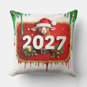 Christmas Goat with Evergreen Wreath Throw Pillow