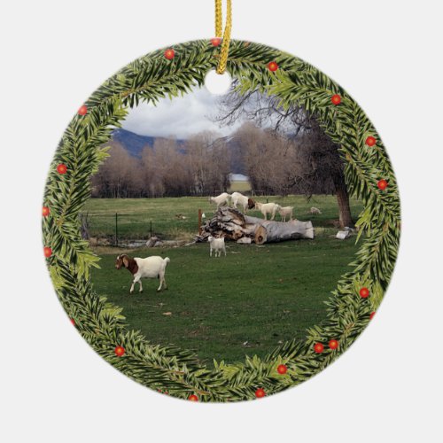 Christmas Goats on a Log Ceramic Ornament