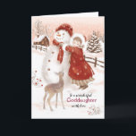 Christmas, Goddaughter, Deer, Girl and Snowman Holiday Card<br><div class="desc">On this vintage style Christmas card for Goddaughter, I have painted a little girl tying a red scarf around the neck of a large snowman. The cute baby deer looks on. The girl is wearing a long dress under a heavy red coat with a white effect quarters on the sleeves...</div>