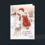 Christmas, Goddaughter, Deer, Girl and Snowman Holiday Card<br><div class="desc">On this vintage style Christmas card for Goddaughter, I have painted a little girl tying a red scarf around the neck of a large snowman. The cute baby deer looks on. The girl is wearing a long dress under a heavy red coat with a white effect quarters on the sleeves...</div>