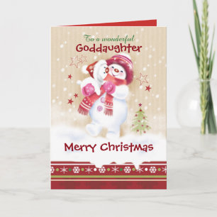 Christmas, Goddaughter. Snowman Hugs Puppy Holiday Card