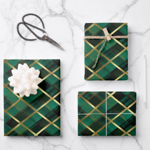 Christmas Gold And Green Plaid Pattern Wrapping Paper Sheets