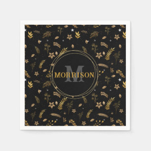 Christmas Gold Arch elegant modern monogram Black Napkins