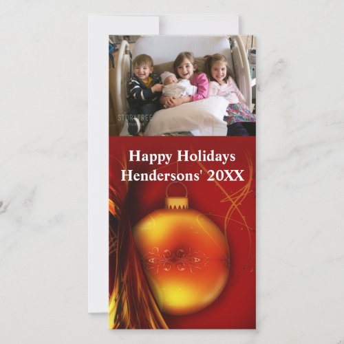Christmas Gold Bauble Red Background Photo Card