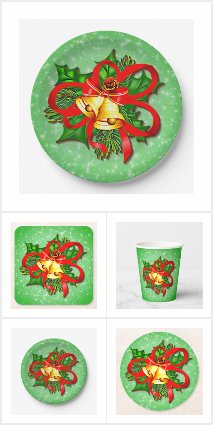 Christmas Gold Bells Green Holly Red Ribbon