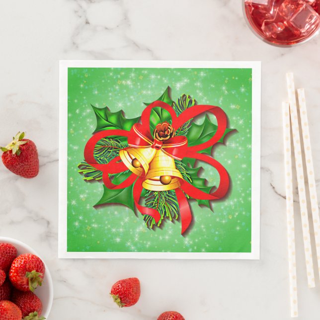 Christmas Gold Bells Green Holly Red Ribbon    Paper Dinner Napkins (Insitu)