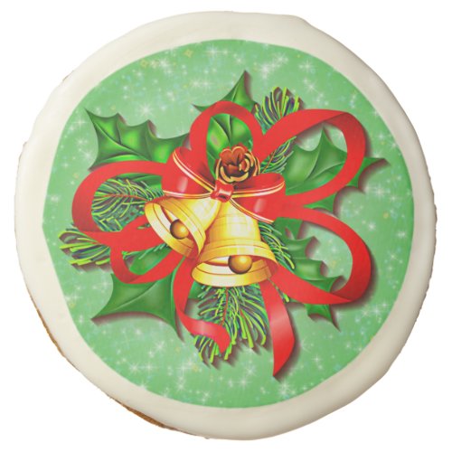 Christmas Gold Bells Green Holly Red Ribbon  Sugar Cookie