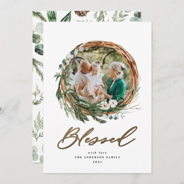 Christmas gold blessed script botanical 1 photo holiday card (Front/Back)
