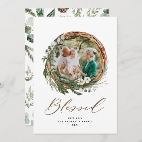 Christmas gold blessed script botanical 1 photo holiday card