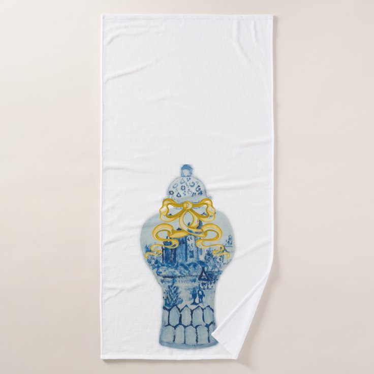 Christmas Gold Bow Blue White Ginger Jar Towel Set Zazzle
