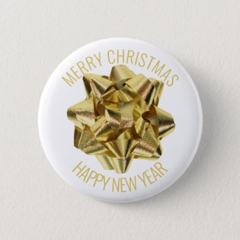 Christmas Gold Bow Happy New Year Button by camcguire at Zazzle