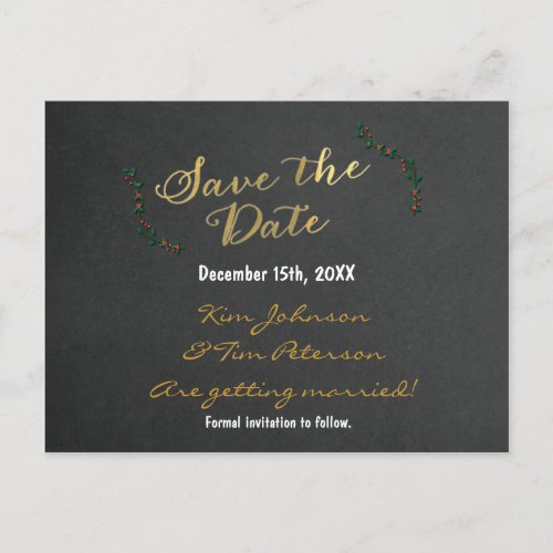 Christmas Gold Chalkboard Holly Postcard Save Date