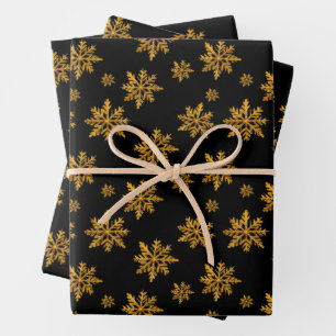 Christmas Gold Crystal Snowflakes on Black Wrapping Paper Sheets