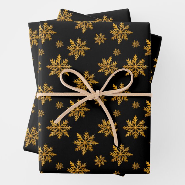 Christmas Gold Crystal Snowflakes on Black Wrapping Paper Sheets (In situ)