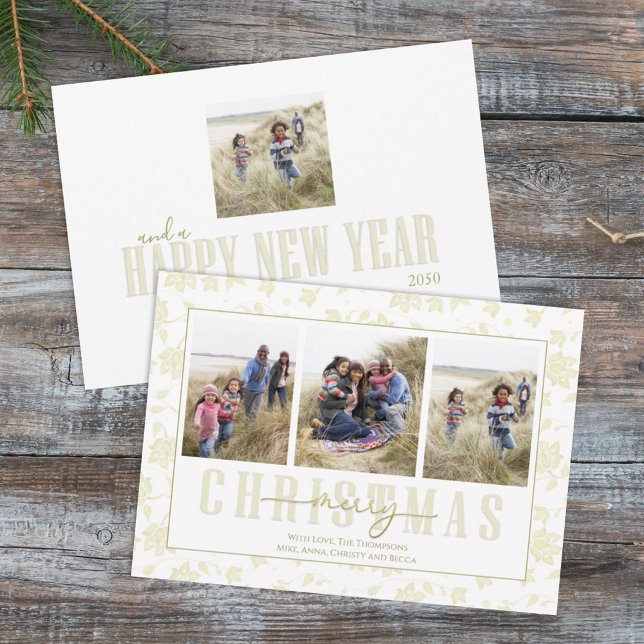 Christmas Gold Elegant Floral Holiday 4 Photo Card (Creator Uploaded)