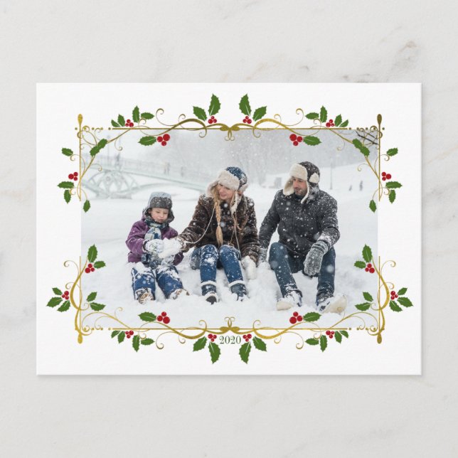 Christmas Gold Foil Holly Border Single Photo Postcard (Front)