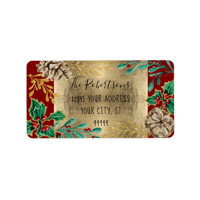 Christmas Gold Foil Red Holly Pine Cone Greenery Label (Front)
