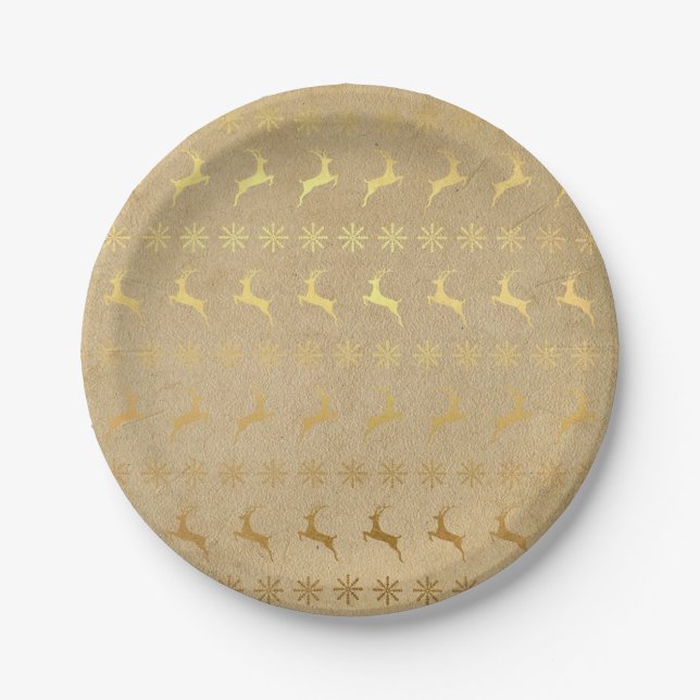 Christmas Gold Foil Reindeer and Snowflake Paper Plates (Front)