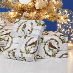 Christmas Gold Frame Bird Vintage Wrapping Paper