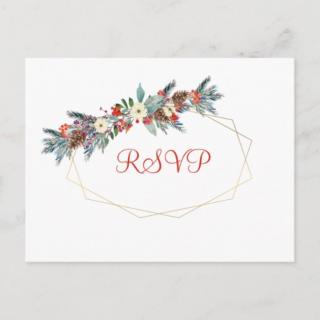 Christmas gold frame seasonal floral wedding rsvp invitation postcard (Front)