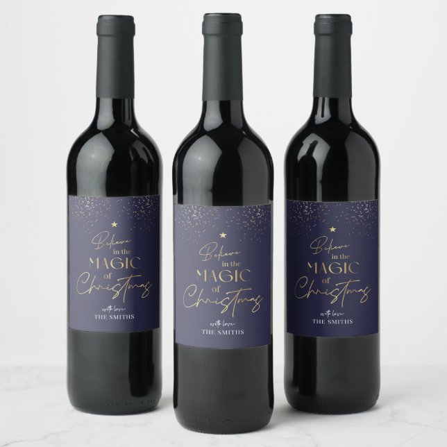 Christmas Gold Glitter Family Name Navy Blue Wine Label (Bottles)