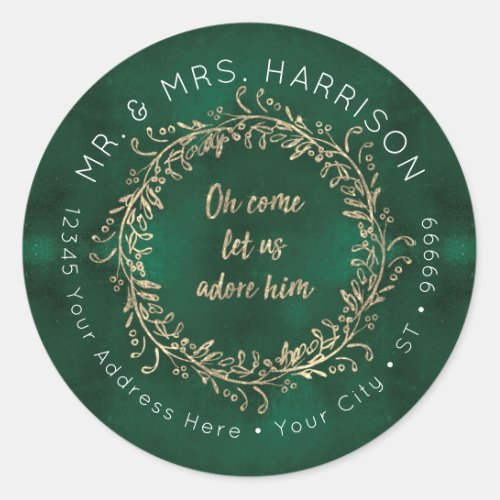 Christmas Gold Glitter Green Script Foliage Wreath Classic Round Sticker