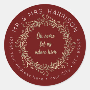 Christmas Gold Glitter Red Script Foliage Wreath Classic Round Sticker