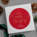 Christmas Gold Glitter Script Name Red Modern Classic Round Sticker<br><div class="desc">Complete your holiday gifts with a personalized gold glitter effect Christmas stickers. This red Merry Christmas round label includes a gold typography Christmas Tree design with modern script font and a space for your name. The perfect finishing touch to your Christmas gift packaging design.</div>